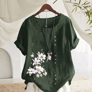 Kurzärmlige Bluse aus Baumwolle und Leinen mit Blumenmuster