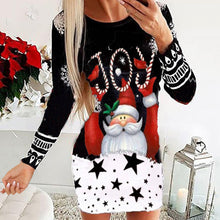 Laden Sie das Bild in den Galerie-Viewer, Langärmliges, sexy Kleid mit Weihnachtsdruck und Rundhalsausschnitt